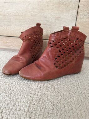 80%20 Rust Brown Laser-Cut Leather Wedge Ankle Boots BOHO FESTIVAL booties ankle